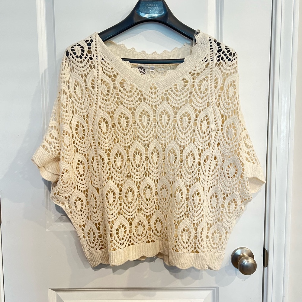 bohemian Biege macrame lace crochet half-sleeve top fishnet lacework Y2K